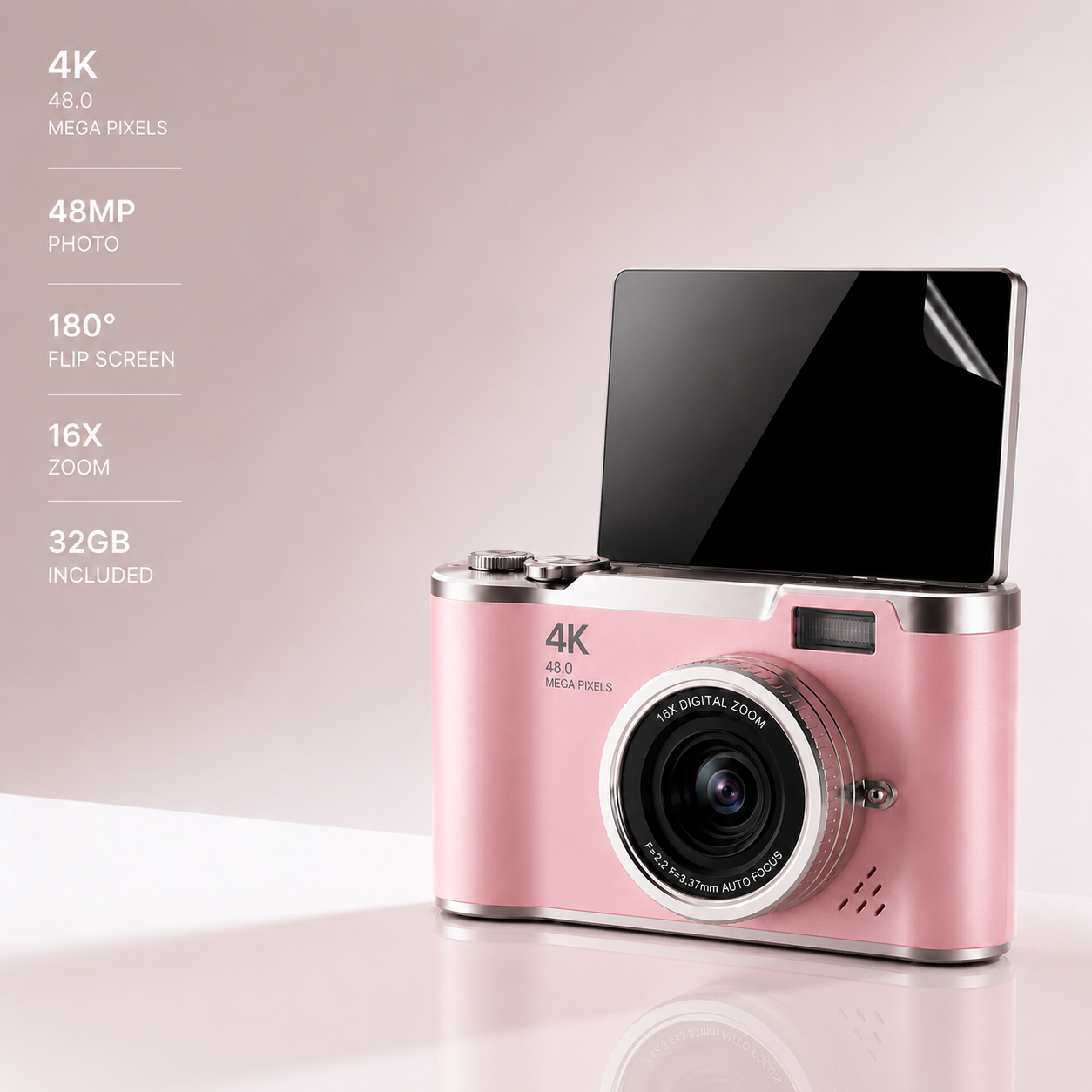 Serolira Compact 4K Camera with Flip Screen, 16X Zoom & Memory Card for Photography & Vlogging
